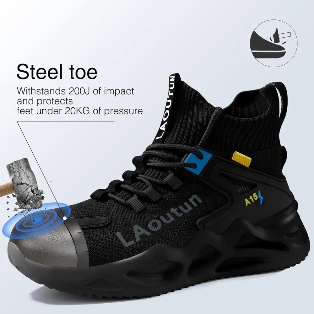 Men's Black Lightweight Comfortable Safety Shoes, Puncture Resistant Work Shoes